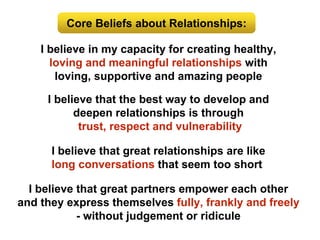 Core Beliefs about Relationships:
I believe in my capacity for creating healthy,
loving and meaningful relationships with
loving, supportive and amazing people
I believe that great partners empower each other
and they express themselves fully, frankly and freely
- without judgement or ridicule
I believe that great relationships are like
long conversations that seem too short
I believe that the best way to develop and
deepen relationships is through
trust, respect and vulnerability
 