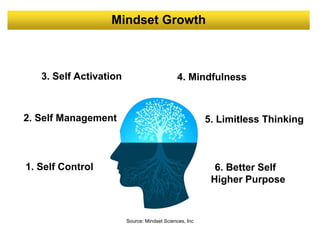 Mindset Growth
1. Self Control
2. Self Management
3. Self Activation 4. Mindfulness
5. Limitless Thinking
6. Better Self
Higher Purpose
Source: Mindset Sciences, Inc
 