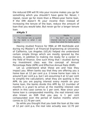 the reduced EMI will fit into your income makes you go for
something which you shouldn’t have gone for. Never, I
repeat, never go for more than a fifteen-year home loan.
If the EMI doesn’t fit your income then instead of
increasing the tenure of the loan, reduce the amount of
loan that you would take. But never go for a longer tenure
loan.
#Myth 7
MYTH TRUTH
• The interest rate as quoted
by my bank is what I am
paying.
• You don’t pay the quoted
interest rate but a rate which is
more than what the banks quote.
Having studied finance for MBA at IIM Kozhikode and
during my Master’s of Financial Engineering at University
of California, Los Angeles (UCLA) helped me understand
certain simple things which are mostly ignored by the
masses, in addition to making me ready for a career in
the field of finance. One such thing that I studied during
my Investment class was the concept of Annual
Percentage Rate (APR) and Effective Annual Rate (EAR).
Let us understand what these are and how they
impact you. When banks say that they are offering you a
home loan at 12 per cent p.a. (I know home loan rate is
around 9 per cent p.a. but I am assuming it at 12 per cent
to simplify the calculation), what they are quoting is the
APR. As you are paying interest every month on your
home loan, the banks divide this APR by 12 (number of
months in a year) to arrive at the monthly interest rate
which in this case comes to 1 per cent. Now since your
home loan is compounded monthly, the real interest rate
also known as EAR that you pay is 1 per cent
compounded over the period of twelve months which
comes to 12.70 per cent.
So while you thought that you took the loan at the rate
of 12 per cent p.a, the real rate actually was 12.70 per
 