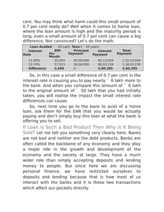 cent. You may think what harm could this small amount of
0.7 per cent really do? Well when it comes to home loan,
where the loan amount is high and the maturity period is
long, even a small amount of 0.7 per cent can cause a big
difference. Not convinced? Let’s do the math.
Loan Availed : ` 50 Lakh; Teno r : 20 years
Interest
Rate
EMI
Per
Month
Principal
Payment
Interest
Payment
Total
Payment
12.00% 55,054 50,00,000 82,13,034 1,32,13,034
12.70% 57,513 50,00,000 88,03,239 1,38,03,239
Difference 2,459 0 5,90,205 5,90,205
So, in this case a small difference of 0.7 per cent in the
interest rate is causing you to pay nearly ` 6 lakh more to
the bank. And when you compare this amount of ` 6 lakh
to the original amount of ` 50 lakh that you had initially
taken, you will realise the impact the small interest rate
differences can cause.
So, next time you go to the bank to avail of a home
loan, ask them for the EAR that you would be actually
paying and don’t simply buy this loan at what the bank is
offering you to sell.
If Loan is Such a Bad Product Then Why is It Being
Sold? Let me tell you something very clearly here. Banks
are not bad and neither are the debt products. Banks are
often called the backbone of any economy and they play
a major role in the growth and development of the
economy and the society at large. They have a much
wider role than simply accepting deposits and lending
money to people. But since here we are discussing
personal finance, we have restricted ourselves to
deposits and lending because that is how most of us
interact with the banks and it is these two transactions
which affect our pockets directly.
 