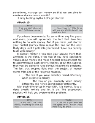 sometimes, manage our money so that we are able to
create and accumulate wealth?
It is by busting myths. Let’s get started.
#Myth 15
MYTH TRUTH
• If we love each other, we
won’t fight about money.
• Money has very little to do
with love and a lot to do with how
much you fight.
If you have been married for some time, say five years
and more, you will appreciate the fact that love has
nothing to do with money. And if you have just started
your nuptial journey then repeat this line for the next
thirty days until it gets into your blood: ‘Love has nothing
to do with money.’
It doesn’t matter if you love your spouse more than
anything in the world. If the two of you have conflicting
values about money and make financial decisions that fail
to accommodate each other’s feelings about this subject,
then you are going to have serious relationship problems.
The fact that couples fight over the subject of money
stems from one of the following reasons. 1
• The two of you were probably raised differently
when it came to money.
• The two of you probably value money
differently and hence spend money differently.
With such differences in your DNA, it is normal. Take a
deep breath, exhale and let it go. The subsequent
sections will help you overcome this problem.
#Myth 16
MYTH TRUTH
• If we don’t talk about
money, everything will work out
okay.
• If the two of you don’t talk
and agree about money, you’ll
more likely die broke.
 