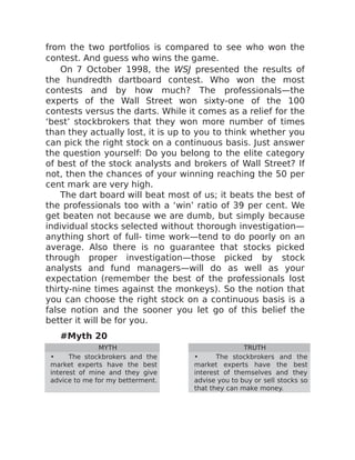 from the two portfolios is compared to see who won the
contest. And guess who wins the game.
On 7 October 1998, the WSJ presented the results of
the hundredth dartboard contest. Who won the most
contests and by how much? The professionals—the
experts of the Wall Street won sixty-one of the 100
contests versus the darts. While it comes as a relief for the
‘best’ stockbrokers that they won more number of times
than they actually lost, it is up to you to think whether you
can pick the right stock on a continuous basis. Just answer
the question yourself: Do you belong to the elite category
of best of the stock analysts and brokers of Wall Street? If
not, then the chances of your winning reaching the 50 per
cent mark are very high.
The dart board will beat most of us; it beats the best of
the professionals too with a ‘win’ ratio of 39 per cent. We
get beaten not because we are dumb, but simply because
individual stocks selected without thorough investigation—
anything short of full- time work—tend to do poorly on an
average. Also there is no guarantee that stocks picked
through proper investigation—those picked by stock
analysts and fund managers—will do as well as your
expectation (remember the best of the professionals lost
thirty-nine times against the monkeys). So the notion that
you can choose the right stock on a continuous basis is a
false notion and the sooner you let go of this belief the
better it will be for you.
#Myth 20
MYTH TRUTH
• The stockbrokers and the
market experts have the best
interest of mine and they give
advice to me for my betterment.
• The stockbrokers and the
market experts have the best
interest of themselves and they
advise you to buy or sell stocks so
that they can make money.
 