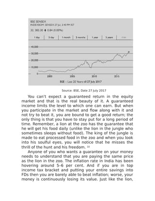 Source: BSE, Date 27 July 2017
You can’t expect a guaranteed return in the equity
market and that is the real beauty of it. A guaranteed
income limits the level to which one can earn. But when
you participate in the market and flow along with it and
not try to beat it, you are bound to get a good return; the
only thing is that you have to stay put for a long period of
time. Remember, a lion at the zoo has the guarantee that
he will get his food daily (unlike the lion in the jungle who
sometimes sleeps without food). The king of the jungle is
made to eat processed food in the zoo and when you look
into his soulful eyes, you will notice that he misses the
thrill of the hunt and his freedom. 10
Anyone of you who wants a guarantee on your money
needs to understand that you are paying the same price
as the lion in the zoo. The inflation rate in India has been
hovering around 5–6 per cent. And if you are in top
income tax bracket and putting your entire savings into
FDs then you are barely able to beat inflation; worse, your
money is continuously losing its value. Just like the lion,
 
