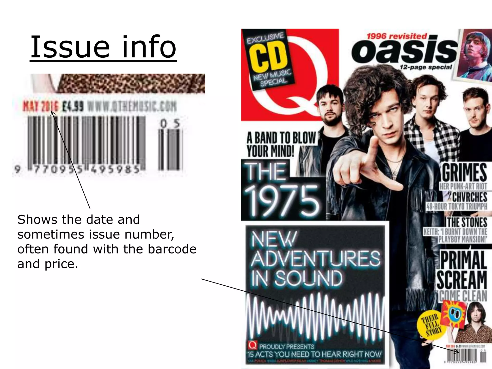 Issue info
Shows the date and
sometimes issue number,
often found with the barcode
and price.
 
