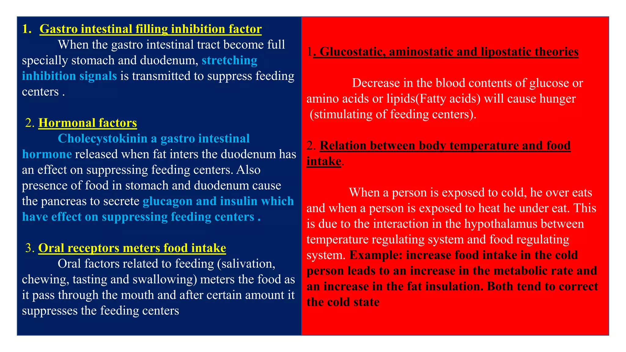 1. Gastro intestinal filling inhibition factor
When the gastro intestinal tract become full
specially stomach and duodenum, stretching
inhibition signals is transmitted to suppress feeding
centers .
2. Hormonal factors
Cholecystokinin a gastro intestinal
hormone released when fat inters the duodenum has
an effect on suppressing feeding centers. Also
presence of food in stomach and duodenum cause
the pancreas to secrete glucagon and insulin which
have effect on suppressing feeding centers .
3. Oral receptors meters food intake
Oral factors related to feeding (salivation,
chewing, tasting and swallowing) meters the food as
it pass through the mouth and after certain amount it
suppresses the feeding centers
1. Glucostatic, aminostatic and lipostatic theories
Decrease in the blood contents of glucose or
amino acids or lipids(Fatty acids) will cause hunger
(stimulating of feeding centers).
2. Relation between body temperature and food
intake.
When a person is exposed to cold, he over eats
and when a person is exposed to heat he under eat. This
is due to the interaction in the hypothalamus between
temperature regulating system and food regulating
system. Example: increase food intake in the cold
person leads to an increase in the metabolic rate and
an increase in the fat insulation. Both tend to correct
the cold state
 