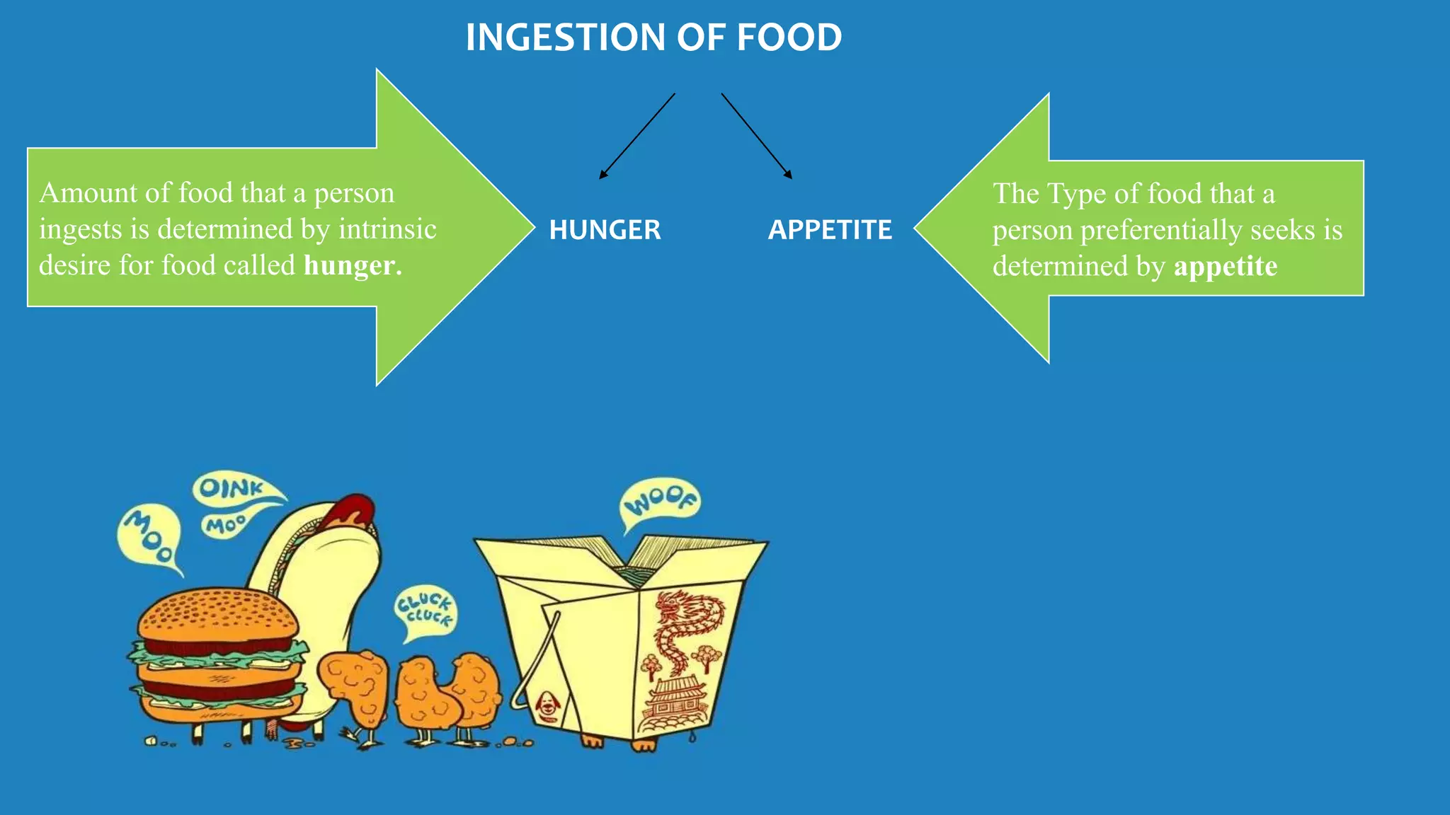 INGESTION OF FOOD
HUNGER APPETITE
Amount of food that a person
ingests is determined by intrinsic
desire for food called hunger.
The Type of food that a
person preferentially seeks is
determined by appetite
 
