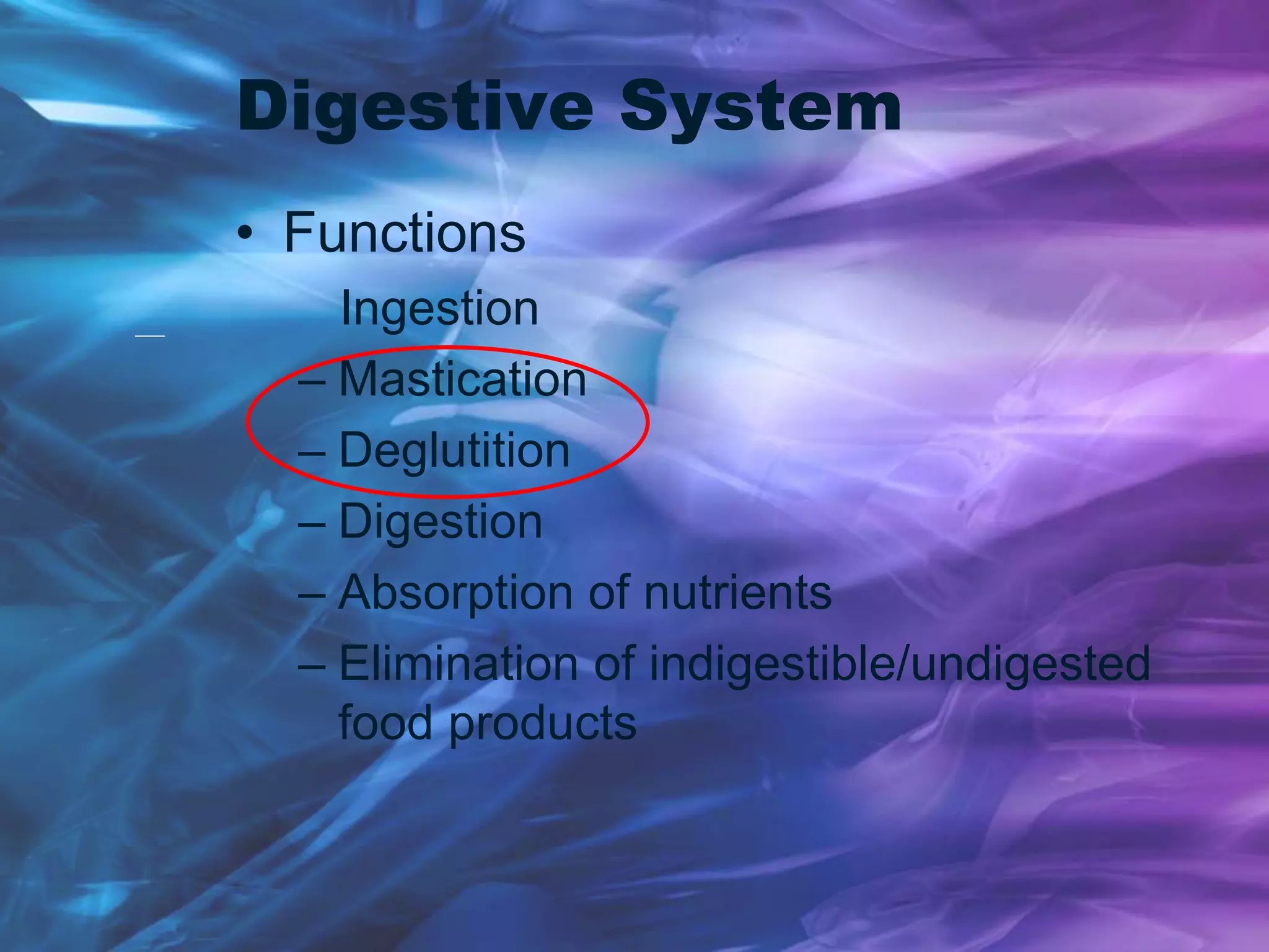Digestive System
• Functions
Ingestion
– Mastication
– Deglutition
– Digestion
– Absorption of nutrients
– Elimination of indigestible/undigested
food products
 