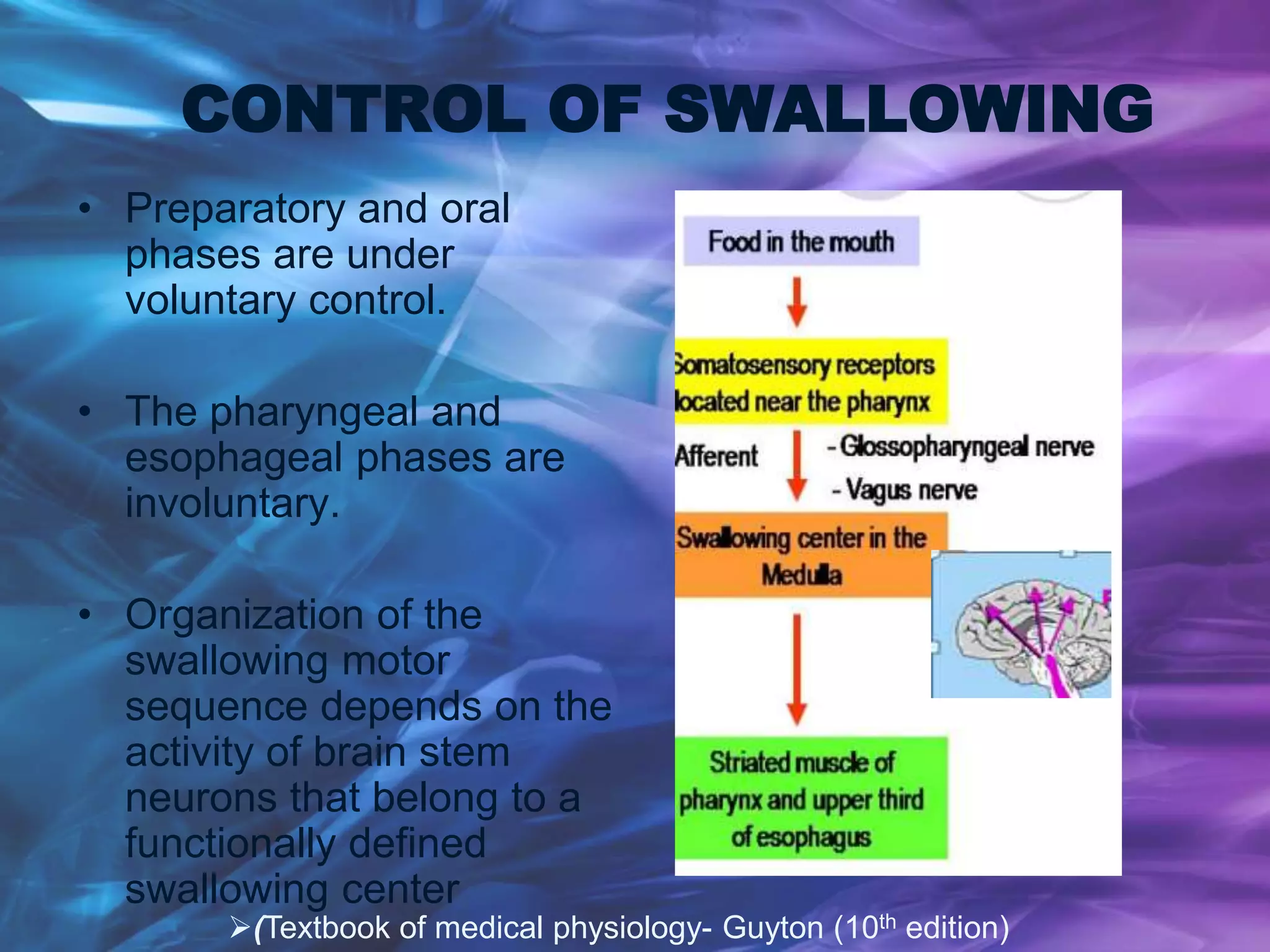 CONTROL OF SWALLOWING
• Preparatory and oral
phases are under
voluntary control.
• The pharyngeal and
esophageal phases are
involuntary.
• Organization of the
swallowing motor
sequence depends on the
activity of brain stem
neurons that belong to a
functionally defined
swallowing center
(Textbook of medical physiology- Guyton (10th edition)
 