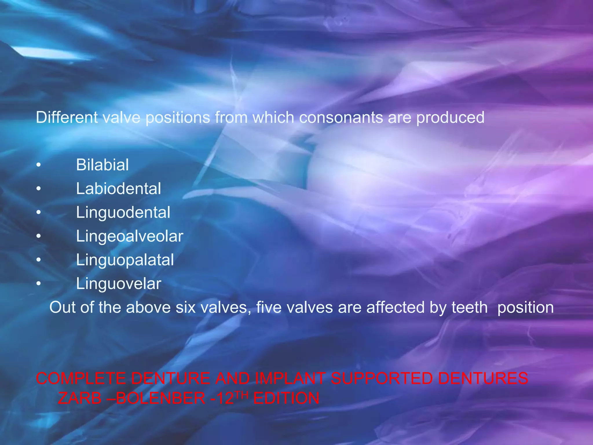 Different valve positions from which consonants are produced
• Bilabial
• Labiodental
• Linguodental
• Lingeoalveolar
• Linguopalatal
• Linguovelar
Out of the above six valves, five valves are affected by teeth position
COMPLETE DENTURE AND IMPLANT SUPPORTED DENTURES
ZARB –BOLENBER -12TH EDITION
 