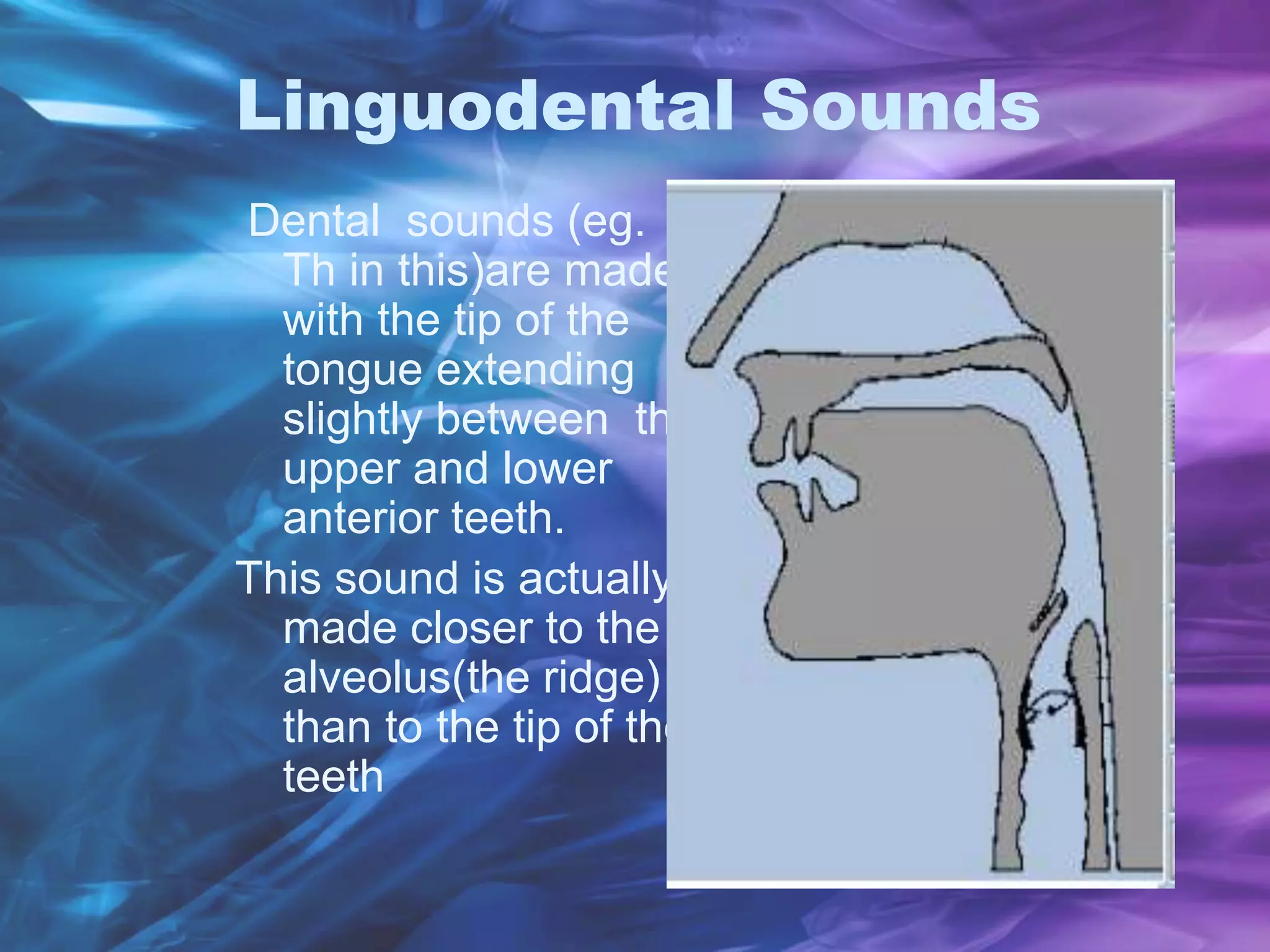 Linguodental Sounds
Dental sounds (eg.
Th in this)are made
with the tip of the
tongue extending
slightly between the
upper and lower
anterior teeth.
This sound is actually
made closer to the
alveolus(the ridge)
than to the tip of the
teeth
 