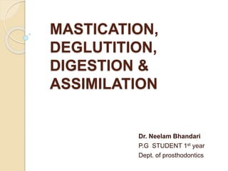 MASTICATION, 
DEGLUTITION, 
DIGESTION & 
ASSIMILATION 
Dr. Neelam Bhandari 
P.G STUDENT 1st year 
Dept. of prosthodontics 
 
