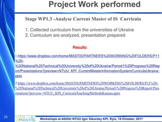 Workshops at ASOIU NTUU Igor Sikorsky KPI, Kyiv, 18 October, 2017
25
Stage WP1.3 -Analyse Current Master of IS Curricula
1. Collected curriculum from the universities of Ukraine
2. Curriculum are analyzed, presentation prepared
Results:
1.https://www.dropbox.com/home/MASTIS/PARTNERS%20WORKING%20FOLDERS/P11
%20-
%20National%20Technical%20University%20of%20Ukraine/Period1%20Progress%20Rep
ort/Presentations?preview=NTUU_KPI_CurrentMasterInformationSystemCurriculaUkraine.
pptx
2.https://www.dropbox.com/home/MASTIS/PARTNERS%20WORKING%20FOLDERS/P11%20-
%20National%20Technical%20University%20of%20Ukraine/Period1%20Progress%20Report/Pres
entations?preview=NTUU_KPI_CurriculaTeachingMethodsKaunas.pptx
Project Work performed
 