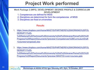 Workshops at ASOIU NTUU Igor Sikorsky KPI, Kyiv, 18 October, 2017
31
Project Work performed
Work Package 2 (WP2). DEVELOPMENT: DEGREE PROFILE & CURRICULUM
DEVELOPMENT
1. Competences are defined for MSIS
2. Disciplines are determined for form the competencies of MSIS
3. Disciplines are fixed at universities
1. https://www.dropbox.com/home/MASTIS/PARTNERS%20WORKING%20FOL
DERS/P11%20-
%20National%20Technical%20University%20of%20Ukraine/Period%203%20
Progress%20Report/Documents?preview=Competences%2BCurriculumDraft
+(courses+proposal).xlsx
2.
3. https://www.dropbox.com/home/MASTIS/PARTNERS%20WORKING%20FOL
DERS/P11%20-
%20National%20Technical%20University%20of%20Ukraine/Period%203%20
Progress%20Report/Documents?preview=MASTIS+core+courses.pptx
Results
 