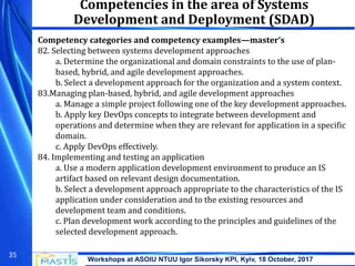 Workshops at ASOIU NTUU Igor Sikorsky KPI, Kyiv, 18 October, 2017
35
Competency categories and competency examples—master’s
82. Selecting between systems development approaches
a. Determine the organizational and domain constraints to the use of plan-
based, hybrid, and agile development approaches.
b. Select a development approach for the organization and a system context.
83.Managing plan-based, hybrid, and agile development approaches
a. Manage a simple project following one of the key development approaches.
b. Apply key DevOps concepts to integrate between development and
operations and determine when they are relevant for application in a specific
domain.
c. Apply DevOps effectively.
84. Implementing and testing an application
a. Use a modern application development environment to produce an IS
artifact based on relevant design documentation.
b. Select a development approach appropriate to the characteristics of the IS
application under consideration and to the existing resources and
development team and conditions.
c. Plan development work according to the principles and guidelines of the
selected development approach.
Competencies in the area of Systems
Development and Deployment (SDAD)
 