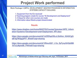 Workshops at ASOIU NTUU Igor Sikorsky KPI, Kyiv, 18 October, 2017
37
Project Work performed
Work Package 3 (WP3). DEVELOPMENT: MASTER PROGRAM IN INFORMATION
SYSTEMS CAPACITY BUILDING
1. Equipment from the EU received/
2 Teaching program create for course “IS Development and Deployment”
3. Critique for other core courses are made
4. Information about Mastis project disseminated
Results
https://www.dropbox.com/home/MASTIS/Courses?preview=WP2_Inform
ation+Systems+Development+and+Deployment_KPI.docx
https://docs.google.com/document/d/1nZZEfspI3SLcLSzWon_fi2ASCgQ
aB1lg7M3gypPIY_M/edit?usp=sharing
https://docs.google.com/document/d/1If0noJQ21_LYp_ZpTynyGHQz086
1kToLdkpnwt6_P44/edit?usp=sharing
 