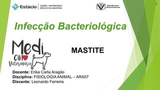 Docente: Erika Carla Aragão
Disciplina: FISIOLOGIAANIMAL – ARA07
Discente: Leonardo Ferreira
MASTITE
Infecção Bacteriológica
1
 