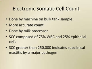 Electronic Somatic Cell Count
• Done by machine on bulk tank sample
• More accurate count
• Done by milk processor
• SCC composed of 75% WBC and 25% epithelial
  cells
• SCC greater than 250,000 indicates subclinical
  mastitis by a major pathogen
 