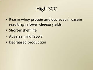 High SCC
• Rise in whey protein and decrease in casein
  resulting in lower cheese yields
• Shorter shelf life
• Adverse milk flavors
• Decreased production
 
