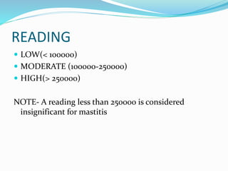 READING
 LOW(< 100000)
 MODERATE (100000-250000)
 HIGH(> 250000)
NOTE- A reading less than 250000 is considered
insignificant for mastitis
 