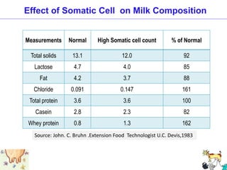 Measurements Normal High Somatic cell count % of Normal
Total solids 13.1 12.0 92
Lactose 4.7 4.0 85
Fat 4.2 3.7 88
Chloride 0.091 0.147 161
Total protein 3.6 3.6 100
Casein 2.8 2.3 82
Whey protein 0.8 1.3 162
Source: John. C. Bruhn .Extension Food Technologist U.C. Devis,1983
Effect of Somatic Cell on Milk Composition
 