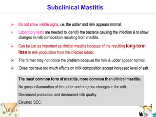  Do not show visible signs, i.e. the udder and milk appears normal.
 Laboratory tests are needed to identify the bacteria causing the infection & to show
changes in milk composition resulting from mastitis.
 Can be just as important as clinical mastitis because of the resulting long-term
loss in milk production from the infected udder.
 The farmer may not notice the problem because the milk & udder appear normal.
 Does not have too much effects on milk composition accept increased level of salt.
Subclinical Mastitis
The most common form of mastitis, more common than clinical mastitis.
No gross inflammation of the udder and no gross changes in the milk.
Decreased production and decreased milk quality.
Elevated SCC.
 