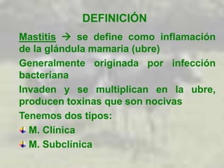 DEFINICIÓN
Mastitis  se define como inflamación
de la glándula mamaria (ubre)
Generalmente originada por infección
bacteriana
Invaden y se multiplican en la ubre,
producen toxinas que son nocivas
Tenemos dos tipos:
M. Clínica
M. Subclínica
 