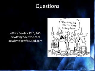 Questions
Jeffrey Bewley, PhD, PAS
jbewley@bovisync.com
jbewley@cowfocused.com
 