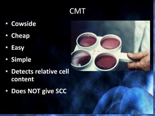 CMT
• Cowside
• Cheap
• Easy
• Simple
• Detects relative cell
content
• Does NOT give SCC
 