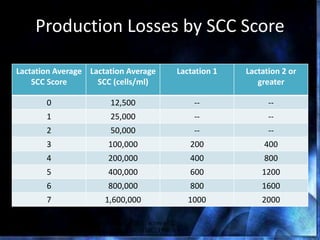 Production Losses by SCC Score
Lactation Average
SCC Score
Lactation Average
SCC (cells/ml)
Lactation 1 Lactation 2 or
greater
0 12,500 -- --
1 25,000 -- --
2 50,000 -- --
3 100,000 200 400
4 200,000 400 800
5 400,000 600 1200
6 800,000 800 1600
7 1,600,000 1000 2000
*Comparison are with lactation yields at SCC score of 2.
Source: Current Concepts of Bovine Mastitis, NMC, 1987
 