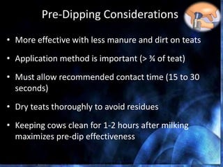 Pre-Dipping Considerations
• More effective with less manure and dirt on teats
• Application method is important (> ¾ of teat)
• Must allow recommended contact time (15 to 30
seconds)
• Dry teats thoroughly to avoid residues
• Keeping cows clean for 1-2 hours after milking
maximizes pre-dip effectiveness
Nickerson, Choosing the Best Teat Dip for Mastitis Control and Milk Quality
 