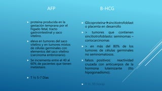  proteína producida en la
gestación temprana por el
hígado fetal, tracto
gastrointestinal y saco
vitelino.
 eleva en tumores del saco
vitelino y en tumores mixtos
de células germinales con
elementos del saco vitelino
(carcinoma embrionario).
 Se incrementa entre el 40 al
60% de pacientes que tienen
metástasis.
 T ½ 5-7 Días
 Glicoproteínasincitiotrofoblast
o placenta en desarrollo
 > tumores que contienen
sincitiotrofoblasto: seminomas –
coriocarcinomas
 > en más del 80% de los
tumores de células germinales
no seminomatosos.
 falsos positivos: reactividad
cruzada con anticuerpos de la
hormona luteinizante (tto
hipogonadismo).
 T ½ 30 horas
AFP B-HCG
 