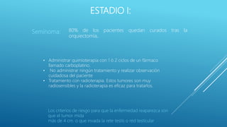 ESTADIO I:
Seminoma: 80% de los pacientes quedan curados tras la
orquiectomía,.
• Administrar quimioterapia con 1 ó 2 ciclos de un fármaco
llamado carboplatino.
• No administrar ningún tratamiento y realizar observación
cuidadosa del paciente
• Tratamiento con radioterapia. Estos tumores son muy
radiosensibles y la radioterapia es eficaz para tratarlos.
Los criterios de riesgo para que la enfermedad reaparezca son
que el tumor mida
más de 4 cm. o que invada la rete testis o red testicular
 