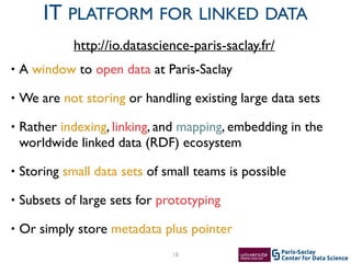 Center for Data Science
Paris-Saclay
• A window to open data at Paris-Saclay	

• We are not storing or handling existing large data sets	

• Rather indexing, linking, and mapping, embedding in the
worldwide linked data (RDF) ecosystem	

• Storing small data sets of small teams is possible	

• Subsets of large sets for prototyping	

• Or simply store metadata plus pointer
18
IT PLATFORM FOR LINKED DATA
http://io.datascience-paris-saclay.fr/
 