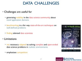 Center for Data Science
Paris-Saclay
• Challenges are useful for	

• generating visibility in the data science community about
novel application domains	

• benchmarking in a fair way state-of-the-art techniques on
well-deﬁned problems	

• ﬁnding talented data scientists	

• Limitations	

• not necessary adapted to solving complex and open-ended
data science problems in realistic environments	

• emphasizes competition
27
DATA CHALLENGES
 