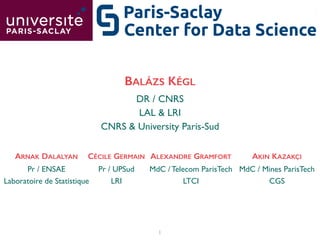 1
Center for Data Science
Paris-Saclay
DR / CNRS	

LAL & LRI	

CNRS & University Paris-Sud
BALÁZS KÉGL
Pr / UPSud	

LRI
CÉCILE GERMAIN
MdC / Telecom ParisTech	

LTCI
ALEXANDRE GRAMFORT
MdC / Mines ParisTech	

CGS
AKIN KAZAKÇI
Pr / ENSAE	

Laboratoire de Statistique
ARNAK DALALYAN
 