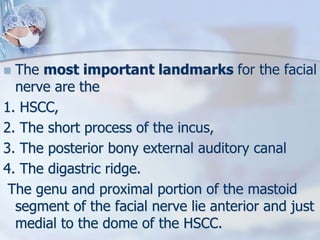  The most important landmarks for the facial
nerve are the
1. HSCC,
2. The short process of the incus,
3. The posterior bony external auditory canal
4. The digastric ridge.
The genu and proximal portion of the mastoid
segment of the facial nerve lie anterior and just
medial to the dome of the HSCC.
 