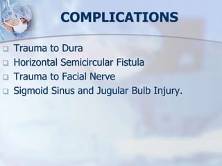 COMPLICATIONS
 Trauma to Dura
 Horizontal Semicircular Fistula
 Trauma to Facial Nerve
 Sigmoid Sinus and Jugular Bulb Injury.
 