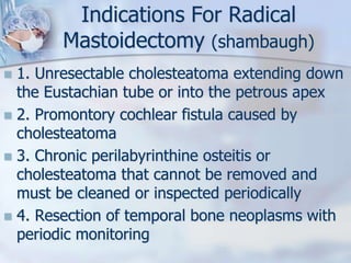 Indications For Radical
Mastoidectomy (shambaugh)
 1. Unresectable cholesteatoma extending down
the Eustachian tube or into the petrous apex
 2. Promontory cochlear fistula caused by
cholesteatoma
 3. Chronic perilabyrinthine osteitis or
cholesteatoma that cannot be removed and
must be cleaned or inspected periodically
 4. Resection of temporal bone neoplasms with
periodic monitoring
 