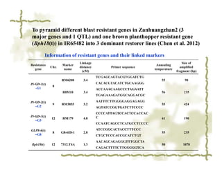 To pyramid different blast resistant genes in Zanhuangzhan2 (3
major genes and 1 QTL) and one brown planthopper resistant gene
(Bph18(t)) in IR65482 into 3 dominant restorer lines (Chen et al. 2012)

           Information of resistant genes and their linked markers
                               Linkage                                              Size of
Resistance          Marker                                          Annealing
             Chr.              distance         Primer sequence                    amplified
  gene               name                                          temperature
                                 (cM)                                            fragment (bp)
                                          TCGAGCAGTACGTGGATCTG
                    RM6208       3.4                                   55             90
Pi-GD-1(t)                                CACACGTACATCTGCAAGGG
              8
   -G1                                    ACCAAACAAGCCCTAGAATT
                    R8M10        3.4                                   56            235
                                          TGAGAAAGATGGCAGGACGC

Pi-GD-2(t)                                AATTTCTTGGGGAGGAGAGG
              9     RM3855       3.2                                   55            424
   –G2                                    AGTATCCGGTGATCTTCCCC
                                          CCCCATTAGTCCACTCCACCAC
Pi-GD-3(t)                                C
              12    RM179        4.8                                   61            190
   –G3
                                          CCAATCAGCCTCATGCCTCCCC

GLP8-6(t)                                 ATCCGGCACTACCTTTCCC
              8     G8-6ID-1     2.8                                   55            235
  –G8                                     CTGCTCCCACCGCATCTGT
                                          AACAGCAGAGGGTTTGGCTA
Bph18(t)      12    7312.T4A     1.3                                   50            1078
                                          CAGACTTTTCTTGGGGGTCA
 