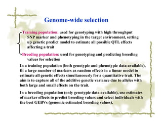 Genome-wide selection
 Training population: used for genotyping with high throughput
   SNP marker and phenotyping in the target environment, setting
   up genetic predict model to estimate all possible QTL effects
   affecting a trait
 Breeding population: used for genotyping and predicting breeding
   values for selection
In a training population (both genotypic and phenotypic data available),
fit a large number of markers as random effects in a linear model to
estimate all genetic effects simultaneously for a quantitative trait. The
aim is to capture all of the additive genetic variance due to alleles with
both large and small effects on the trait.
In a breeding population (only genotypic data available), use estimates
of marker effects to predict breeding values and select individuals with
the best GEBVs (genomic estimated breeding values).
 