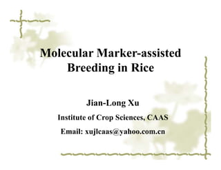 Molecular Marker-assisted
    Breeding in Rice

           Jian-Long Xu
   Institute of Crop Sciences, CAAS
   Email: xujlcaas@yahoo.com.cn
 