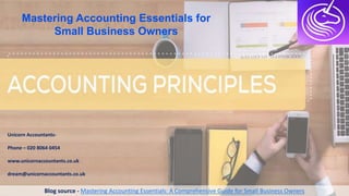 Mastеring Accounting Essеntials for
Small Businеss Ownеrs
Unicorn Accountants-
Phone – 020 8064 0454
www.unicornaccountants.co.uk
dream@unicornaccountants.co.uk
Blog source - Mastering Accounting Essentials: A Comprehensive Guide for Small Business Owners
 