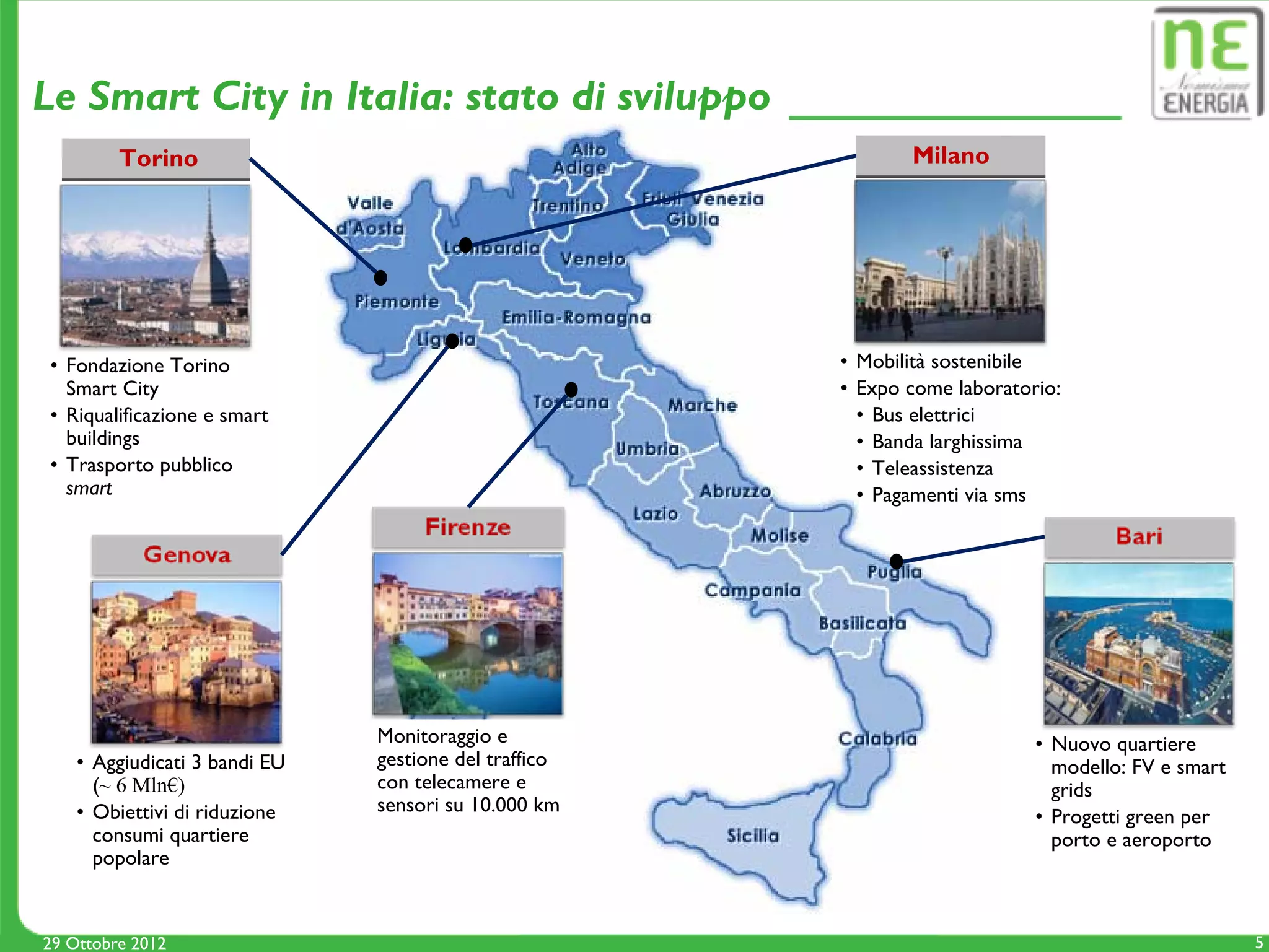 Le Smart City in Italia: stato di sviluppo
         Torino                                               Milano




 • Fondazione Torino                                   • Mobilità sostenibile
   Smart City                                          • Expo come laboratorio:
 • Riqualificazione e smart                              • Bus elettrici
   buildings                                             • Banda larghissima
 • Trasporto pubblico                                    • Teleassistenza
   smart                                                 • Pagamenti via sms




                               Monitoraggio e                               • Nuovo quartiere
    • Aggiudicati 3 bandi EU   gestione del traffico                          modello: FV e smart
      (~ 6 Mln€)               con telecamere e                               grids
    • Obiettivi di riduzione   sensori su 10.000 km
                                                                            • Progetti green per
      consumi quartiere                                                       porto e aeroporto
      popolare


29 Ottobre 2012                                                                                     5
 