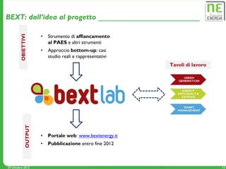 BEXT: dall’idea al progetto

        OBIETTIVI     •   Strumento di affiancamento
                          al PAES e altri strumenti
                      •   Approccio bottom-up: casi
                          studio reali e rappresentativi
                                                           Tavoli di lavoro
             OUTPUT




                      •   Portale web: www.bextenergy.it
                      •   Pubblicazione entro fine 2012



29 Ottobre 2012                                                               13
 
