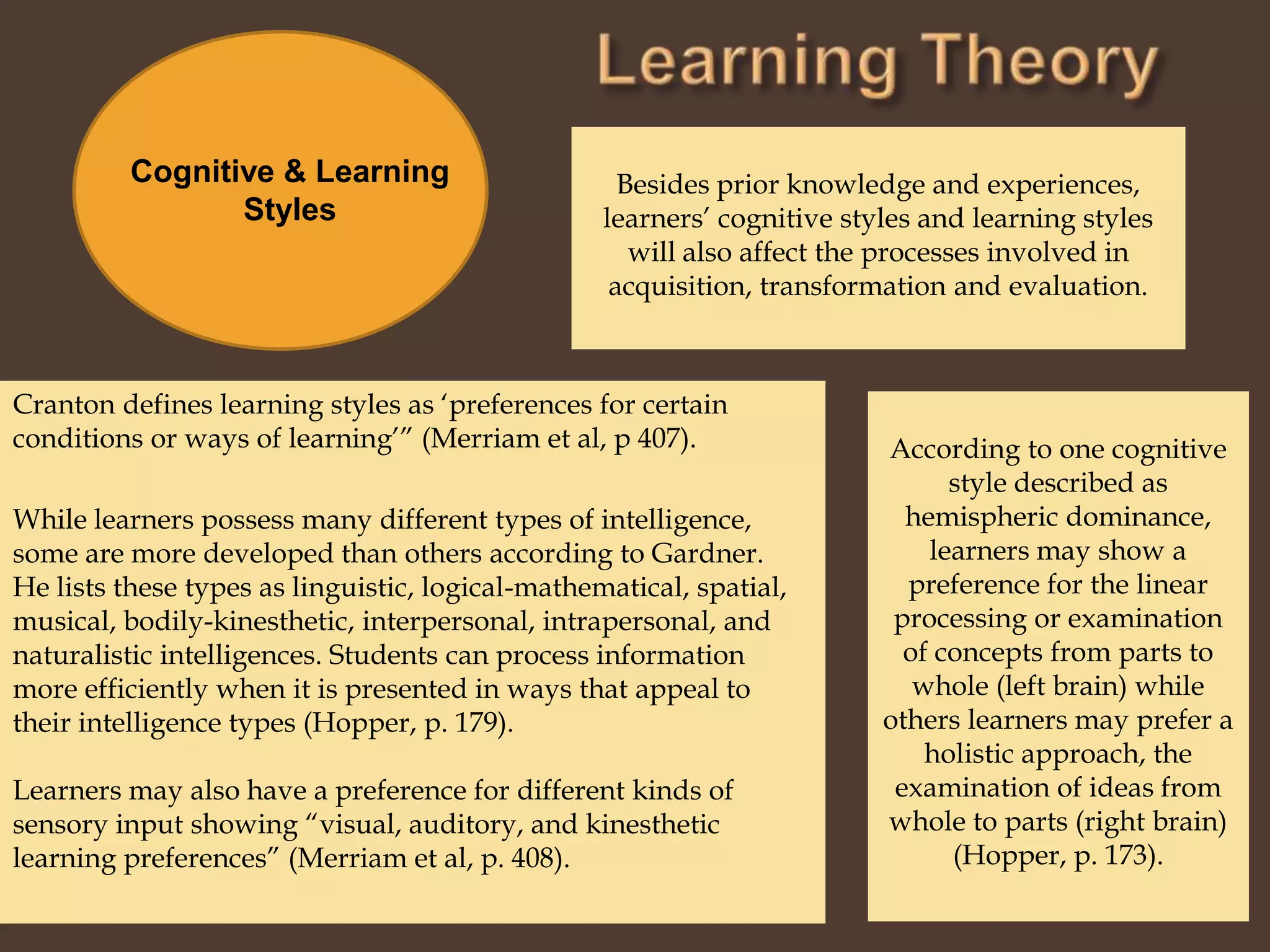 Learning TheoryBesides prior knowledge and experiences, learners’ cognitive styles and learning styles will also affect the processes involved in acquisition, transformation and evaluation. Cognitive & Learning StylesCranton defines learning styles as ‘preferences for certain conditions or ways of learning’” (Merriam et al, p 407).According to one cognitive style described as hemispheric dominance, learners may show a preference for the linear processing or examination of concepts from parts to whole (left brain) while others learners may prefer a holistic approach, the examination of ideas from whole to parts (right brain) (Hopper, p. 173). While learners possess many different types of intelligence, some are more developed than others according to Gardner.  He lists these types as linguistic, logical-mathematical, spatial, musical, bodily-kinesthetic, interpersonal, intrapersonal, and naturalistic intelligences. Students can process information more efficiently when it is presented in ways that appeal to their intelligence types (Hopper, p. 179).Learners may also have a preference for different kinds of sensory input showing “visual, auditory, and kinesthetic learning preferences” (Merriam et al, p. 408).  