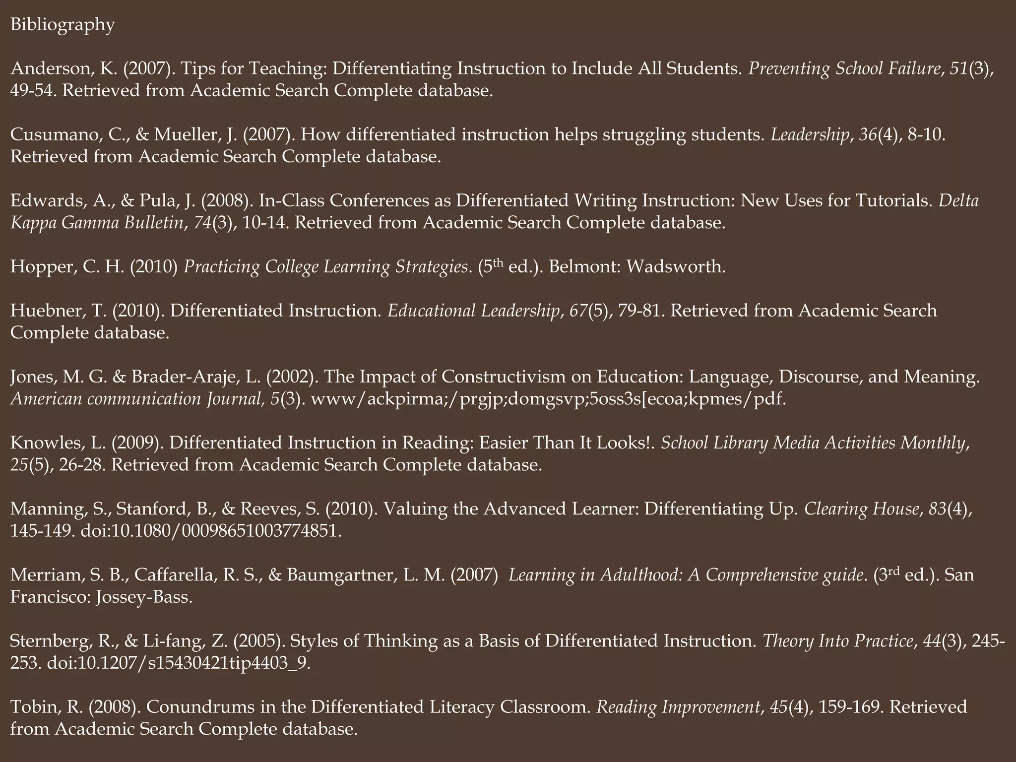 BibliographyAnderson, K. (2007). Tips for Teaching: Differentiating Instruction to Include All Students. Preventing School Failure, 51(3), 49-54. Retrieved from Academic Search Complete database.Cusumano, C., & Mueller, J. (2007). How differentiated instruction helps struggling students. Leadership, 36(4), 8-10. Retrieved from Academic Search Complete database.Edwards, A., & Pula, J. (2008). In-Class Conferences as Differentiated Writing Instruction: New Uses for Tutorials. Delta Kappa Gamma Bulletin, 74(3), 10-14. Retrieved from Academic Search Complete database.Hopper, C. H. (2010) Practicing College Learning Strategies. (5th ed.). Belmont: Wadsworth.Huebner, T. (2010). Differentiated Instruction. Educational Leadership, 67(5), 79-81. Retrieved from Academic Search Complete database.Jones, M. G. & Brader-Araje, L. (2002). The Impact of Constructivism on Education: Language, Discourse, and Meaning. American communication Journal, 5(3). www/ackpirma;/prgjp;domgsvp;5oss3s[ecoa;kpmes/pdf.Knowles, L. (2009). Differentiated Instruction in Reading: Easier Than It Looks!. School Library Media Activities Monthly, 25(5), 26-28. Retrieved from Academic Search Complete database.Manning, S., Stanford, B., & Reeves, S. (2010). Valuing the Advanced Learner: Differentiating Up. Clearing House, 83(4), 145-149. doi:10.1080/00098651003774851.Merriam, S. B., Caffarella, R. S., & Baumgartner, L. M. (2007)  Learning in Adulthood: A Comprehensive guide. (3rd ed.). San Francisco: Jossey-Bass.Sternberg, R., & Li-fang, Z. (2005). Styles of Thinking as a Basis of Differentiated Instruction. Theory Into Practice, 44(3), 245-253. doi:10.1207/s15430421tip4403_9.Tobin, R. (2008). Conundrums in the Differentiated Literacy Classroom. Reading Improvement, 45(4), 159-169. Retrieved from Academic Search Complete database.