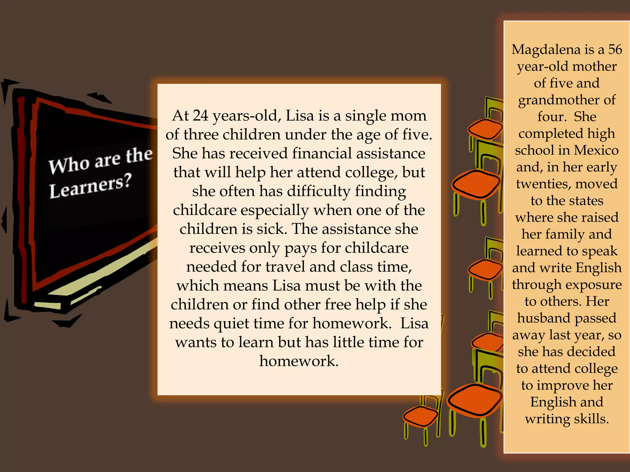 Magdalena is a 56 year-old mother of five and grandmother of four.  She completed high school in Mexico and, in her early twenties, moved to the states where she raised her family and learned to speak and write English through exposure to others. Her husband passed away last year, so she has decided to attend college to improve her English and writing skills.At 24 years-old, Lisa is a single mom of three children under the age of five. She has received financial assistance that will help her attend college, but she often has difficulty finding childcare especially when one of the children is sick. The assistance she receives only pays for childcare needed for travel and class time, which means Lisa must be with the children or find other free help if she needs quiet time for homework.  Lisa wants to learn but has little time for homework. Who are the Learners?