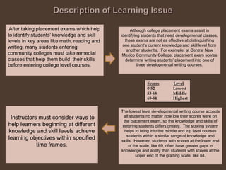 Description of Learning IssueAfter taking placement exams which help to identify students’ knowledge and skill levels in key areas like math, reading and writing, many students entering community colleges must take remedial classes that help them build  their skills before entering college level courses. Although college placement exams assist in identifying students that need developmental classes, these exams are not as effective at distinguishing one student’s current knowledge and skill level from another student’s.  For example, at Central New Mexico Community College, placement exam scores determine writing students’ placement into one of three developmental writing courses. ScoresLevel0-52                  Lowest53-68                Middle69-84                HighestInstructors must consider ways to help learners beginning at different knowledge and skill levels achieve learning objectives within specified time frames.The lowest level developmental writing course accepts all students no matter how low their scores were on the placement exam, so the knowledge and skills of entering students differs greatly.  The scoring system helps to bring into the middle and top level courses students within a similar range of knowledge and skills.  However, students with scores at the lower end of the scale, like 69, often have greater gaps in knowledge and ability than students with scores at the upper end of the grading scale, like 84.