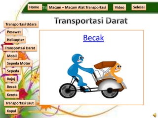 Becak
Home Macam – Macam Alat Transportasi
Transportasi Udara
Transportasi Laut
Transportasi Darat
Pesawat
Helicopter
Kapal
Mobil
Sepeda Motor
Sepeda
Kereta
Becak
Bajaj
Video Selesai
 