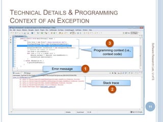 TECHNICAL DETAILS & PROGRAMMING
CONTEXT OF AN EXCEPTION
11
Programming context (i.e.,
context code)
Error message
Stack trace
1
2
3
SoftwareResearchLab,UofS
 